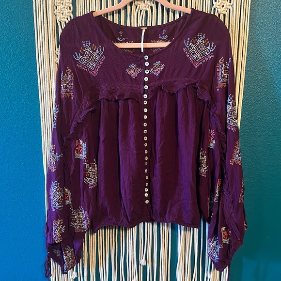 Free People | Boho Sweet Emotion Purple Embroidered Peasant Blouse - Picture 2 of 7